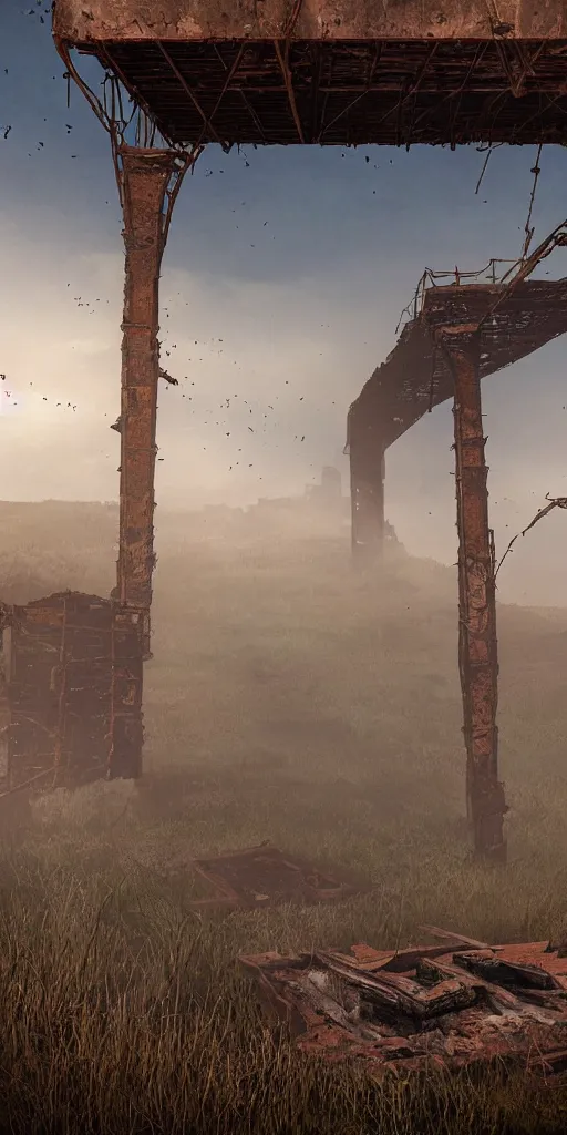 Image similar to rusty broken building constructions of a giant staircase for multiple cases, leading to the sky, the ruins, in the steppe, summer field, misty background, from the game pathologic 2, highly detailed, sharp focus, matte painting, by isaac levitan and asher brown durand,