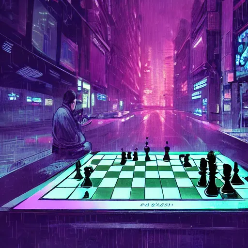 Image similar to high detailed person playing chess in a cyberpunk rainy city at night by josan gonzalez, purple and blue neons, unreal engine, high quality, 4 k, uhd, trending on artstation, wires, blade runner vibes, ghost in the shell, akira, dorohedoro