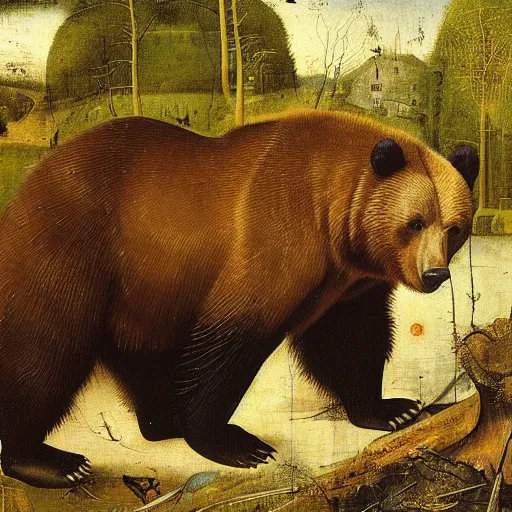 Prompt: a grizzly bear in the foreground, forest in the background, hieronymus bosch