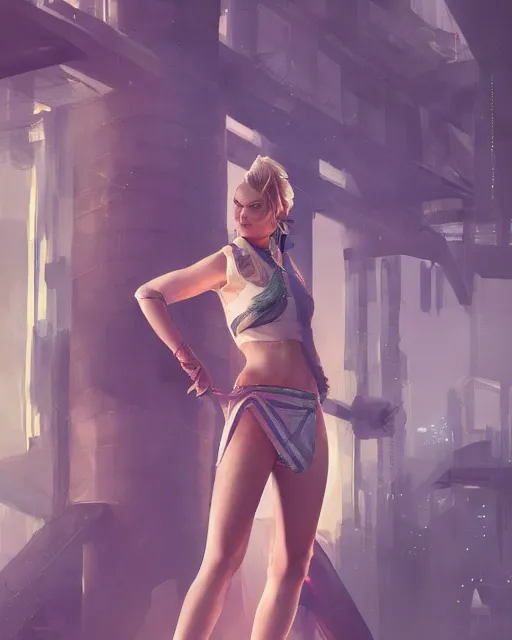 Prompt: full body shot of margot robbie by wlop, rossdraws, mingchen shen, arney freytag, artstation, fantasy photoshoot, urban jungle, fashion pose, octane, 4k