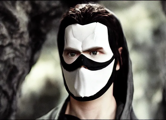 Image similar to white man with black fabric mask, short dark hair, true anatomy!, photorealistic, film still, style of lord of the ring by peter jackson - h 7 6 8