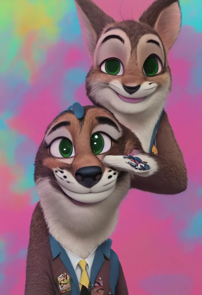 Prompt: portrait of tabby male in the style of the movie Zootopia wearing a pink tuxedo, 4k, digital art, award winning