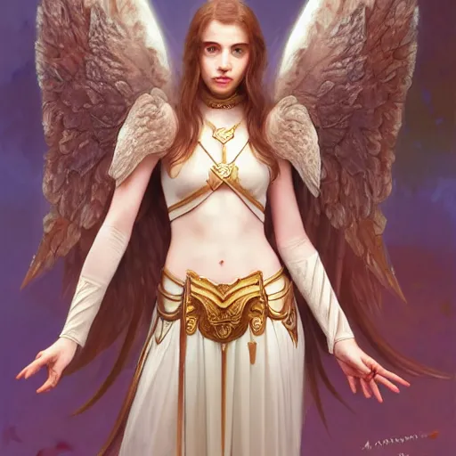 Image similar to portrait of young aasimar angel girl maiden wearing comfy leather armor with beautiful feathered angel wings, cute face, brown eyes, Alison Williams, Emma Roberts, by artgerm and greg rutkowski and alphonse mucha and andrei riabovitchev and Rossdraws and Bluesssatan and Mandy Jurgens and Stjepan Sejic, 4k oil on linen, vivid colors, colorful, photorealistic, high dynamic range, HDR, intricate, elegant, highly detailed, digital painting, artstation, concept art, smooth, sharp focus, illustration, mid-shot, medium shot, hyperdetailed