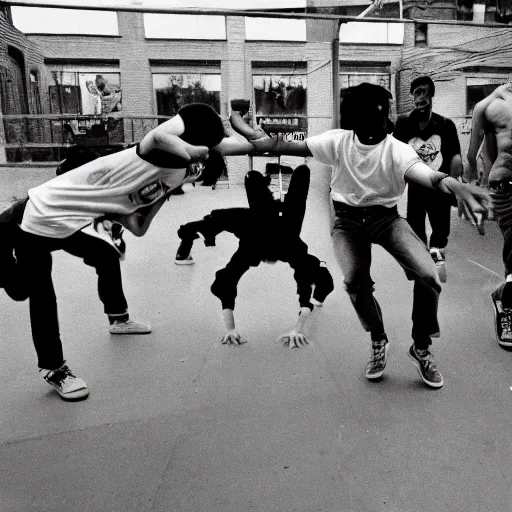 Prompt: Ilford HP5 photo of four breakdancers battling in the bronx in 1984 by Janette Beckman, gritty, energetic, hyperrealistic, trending on flickr