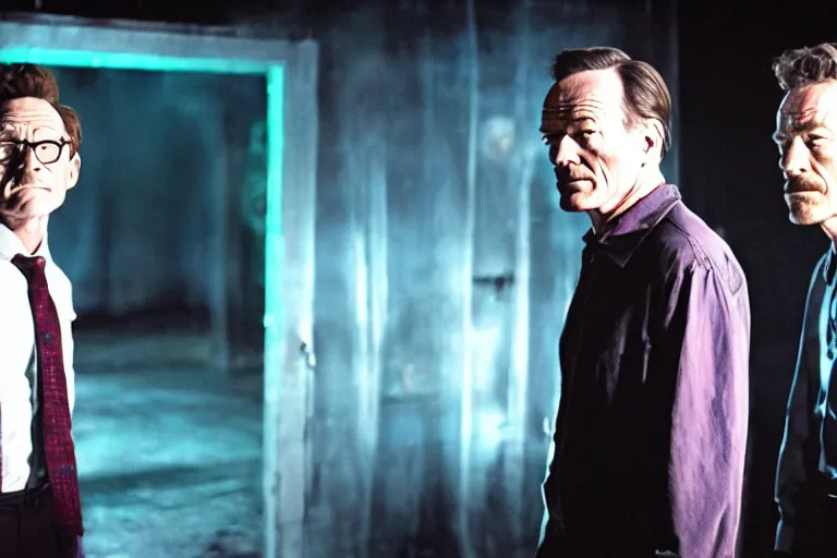 Prompt: film still of bryan cranston and jungkook in cosmic horror! the musical by david cronenberg, budapest street background, 3 5 mm film, atmospheric, ultra fine detail, film grain, photorealistic, hyperrealistic dramatic lighting