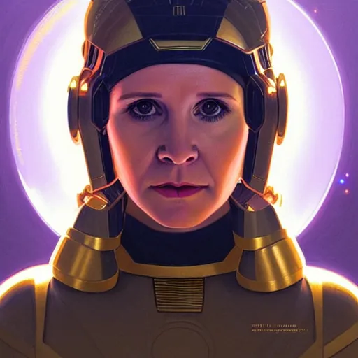 Image similar to symmetry!! portrait of young carrie fisher, gold sci - fi armour, tech wear, glowing lights!! sci - fi, intricate, elegant, highly detailed, digital painting, artstation, concept art, smooth, sharp focus, illustration, art by artgerm and greg rutkowski and alphonse mucha