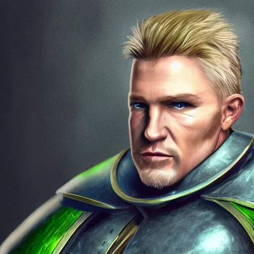 Image similar to concept art, 50 years old men, blonde, blue eyes, green-blue medieval leather armor, no helmet, high detail, digital art, realistic