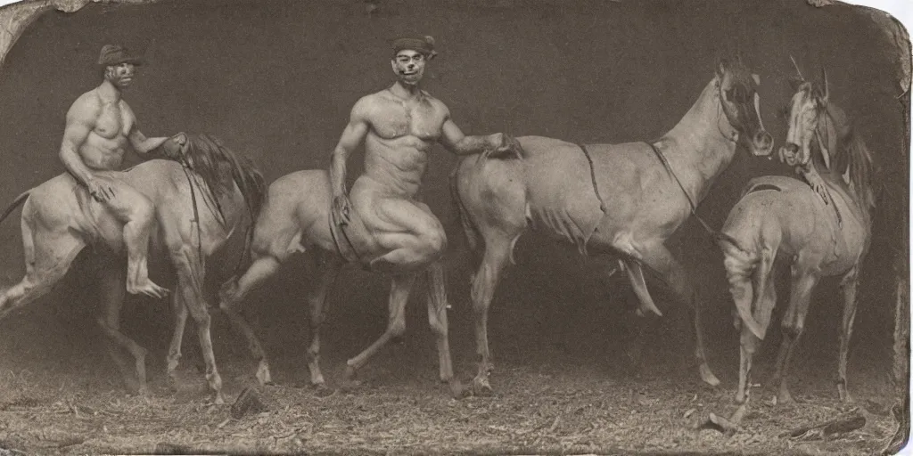 Prompt: daguerrotype of civil war centaurs, photographed by Matthew Brady