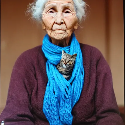 Prompt: a portrait of an old woman, her face wrinkled and her eyes wise. she is wearing a bright scarf around her neck, and there is a cat perched on her lap. the background is a deep, rich blue. cinestill 8 0 0 t