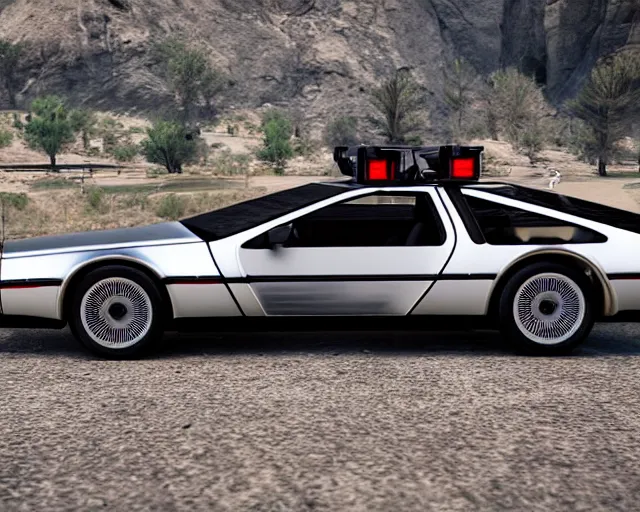 Image similar to updated sleek concept for a delorean, cinematic, photoreal, by red dead redemption 2