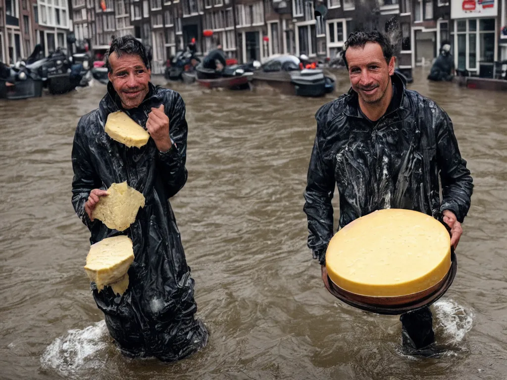 Prompt: closeup potrait of a man carrying a wheel of cheese over his head in a flood in Amsterdam, photograph, natural light, sharp, detailed face, magazine, press, photo, Steve McCurry, David Lazar, Canon, Nikon, focus