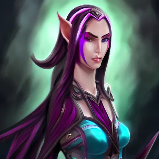 Prompt: portrait of a female high elf with magenta eyes and dark hair, in the style of league of legends digital art trending on art station 8 k