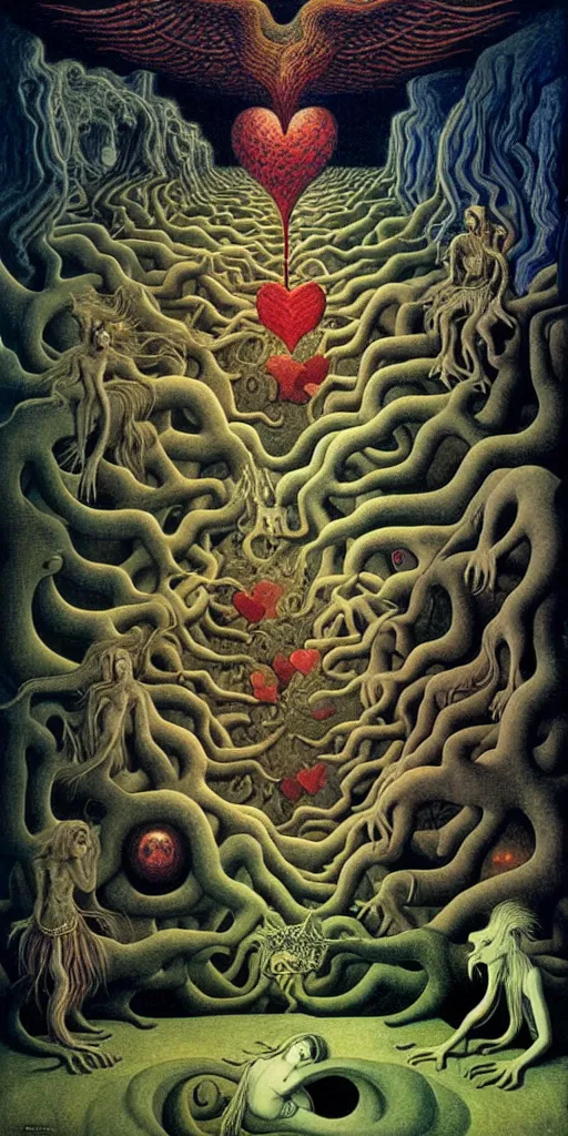 Image similar to mythical creatures and monsters in the visceral heart imaginal realm of the collective unconscious, in a dark surreal painting by johfra, mc escher and ronny khalil