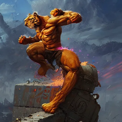 Prompt: shredded physique crisp defined Man Streetfighter Dude wearing Tiger Costume standing atop dumpster greg rutkowski greg danton tony sart raymond swanland chris foss chris cold christophe norman rockwell young acrylic 4k artstation wikiart wikipedia realism tilt-shift