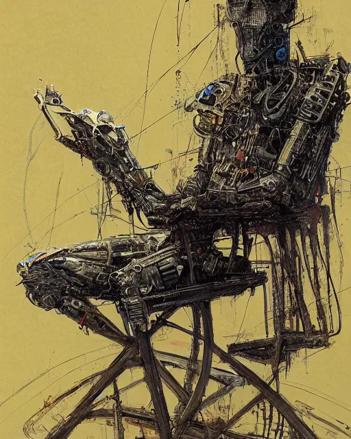 Image similar to a painting of a man sitting on top of a chair, cyberpunk art by john backderf and by ian miller and by peter de seve, cgsociety, neo - primitivism, dystopian art, biomorphic, parallax