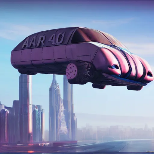 Image similar to cyberpunk alien concept of the a - team van with a pair of airplane wings on the sides flying trough the sky, futuristic look, highly detailed body, very powerful, photorealistic camera shot, crisp quality and light reflections, unreal engine 5 quality render