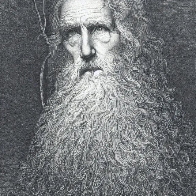 Image similar to an engraving of a wizard by gustave dore, highly detailed, white background, artstation hd