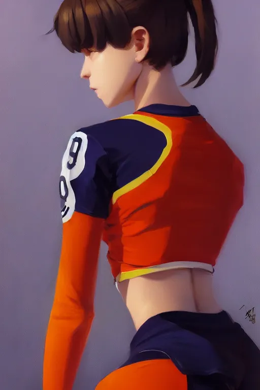 Image similar to A ultradetailed beautiful panting of a stylish girl wearing a volleyball jersey, Oil painting, by Ilya Kuvshinov, Greg Rutkowski and Makoto Shinkai