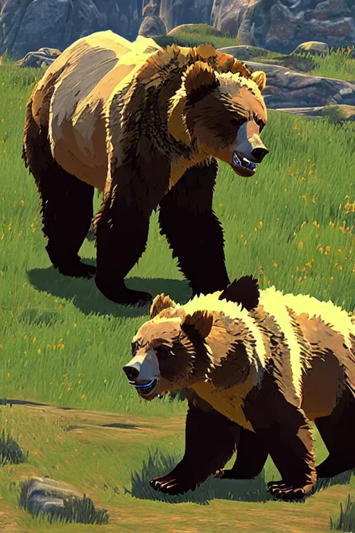 Prompt: in game footage of a grizzly bear from the legend of zelda breath of the wild, breath of the wild art style.