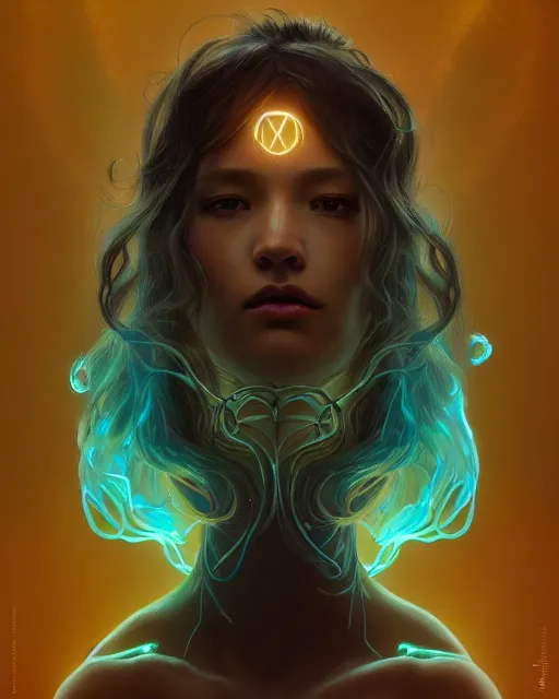 Image similar to one singular portrait of a sad bioluminescent creature, highly detailed, digital painting, cinematic, hyper realism, dark retrowave, art by stanley lau and artgerm and magali villeneuve and alphonse mucha, artstation, octane render, cgsociety