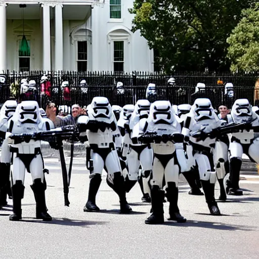 Prompt: a still candid image of hundreds of stormtropers rioting in front of a the white house in washington.!!!, flaming torches and pitchforks