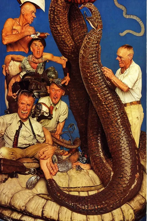 Prompt: giant serpent with human head, norman rockwell, jacob collins, tom lovell, frank schoonover, james gurney