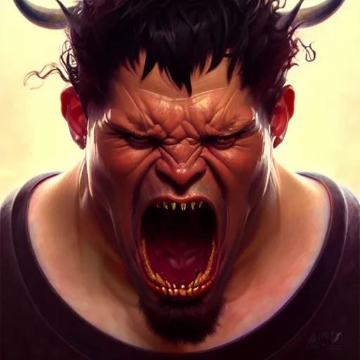 Image similar to face portrait of angry male demon screaming, realistic, high qulity, 4 k, sharp fucos, tranding on art station, illustration, art by artgerm and greg rutkowski and alphonse mucha