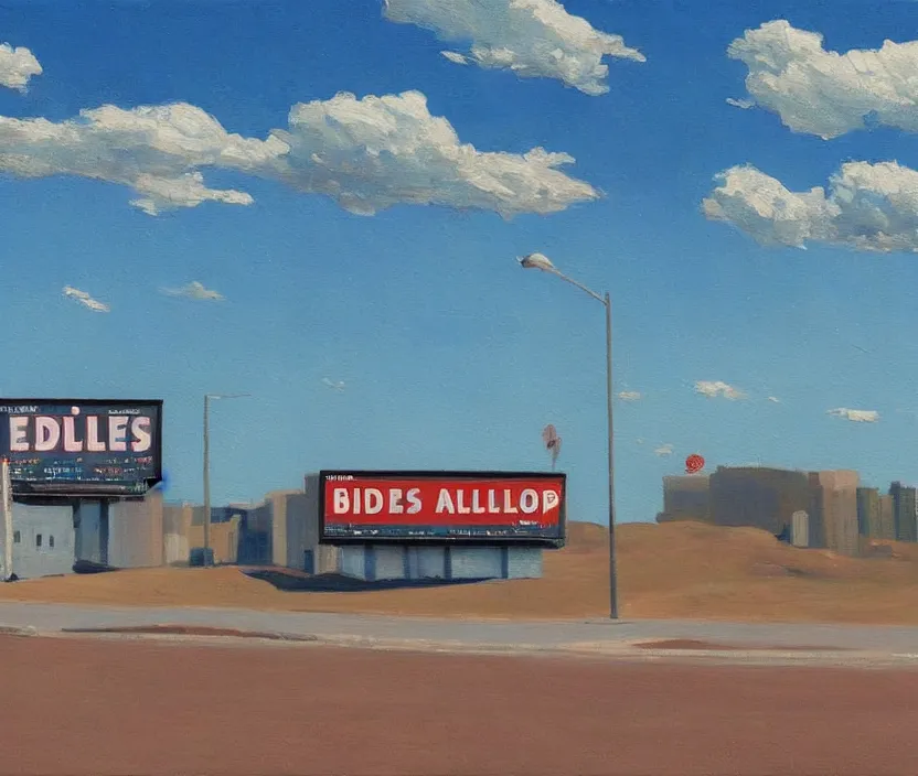 Image similar to a very detailed painting of one billboard which has written do aliens exist? on it, baby blue sky with very aesthetic stylized clouds, in the style of edward hopper, very small brushstrokes, 4 k,