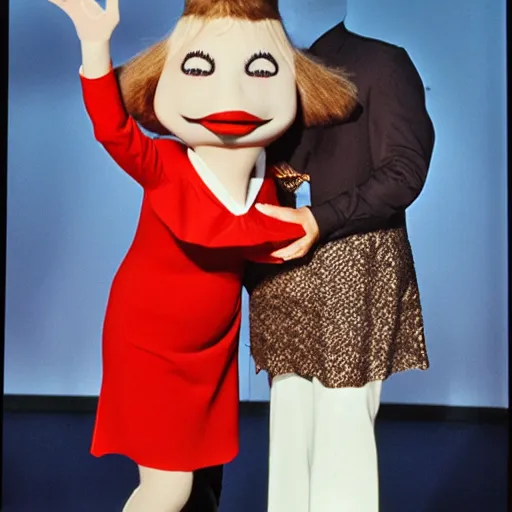 Prompt: 1983 happy woman on a talk show show with a long prosthetic snout nose, big nostrils, wearing a dress, 1983 French film color archival footage color film 16mm Fellini Almodovar John Waters Russ Meyer with hand puppet