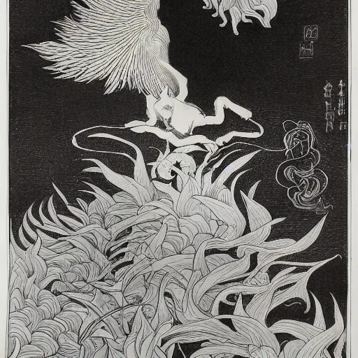 Image similar to A phoenix in fire bathes where water lilies are floating, lithography by Aubrey Beardsley, High definition, detailed,