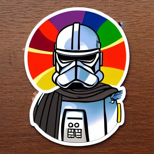 Prompt: a sticker illustration of a samurai wearing a clone trooper helmet, colourful