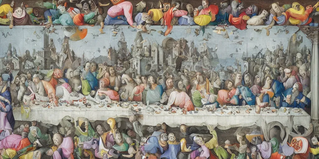 Image similar to multilayer last supper full color gradient pattern of escher style 3 6 0 panorama with hieronymus bosch style bubbles, unfinished, very detailed