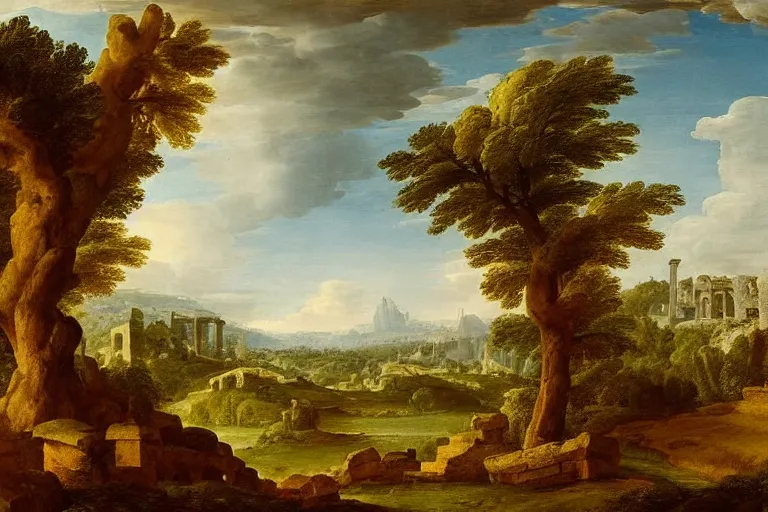 Prompt: beautiful arcadian landscape of a forested valley, ancient ruins in the distance by giovanni paolo pannini