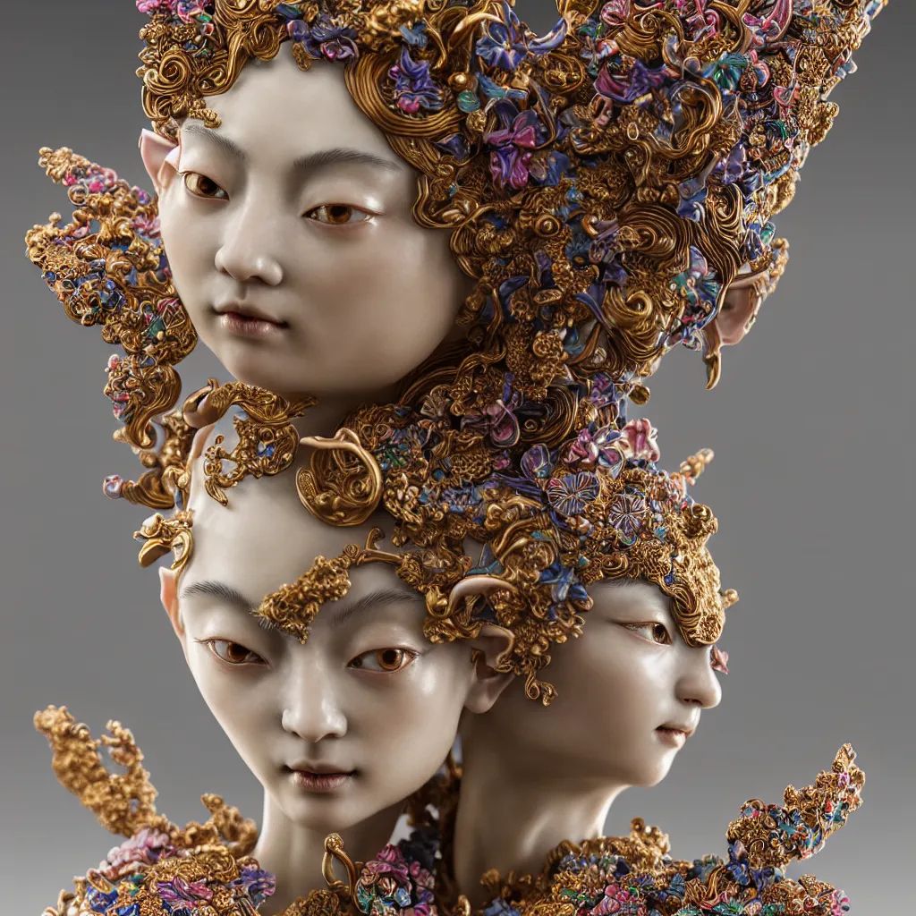 Image similar to A Close up photo-real delicate ceramic porcelain sculpture of an ornate detailed solo elf in front of a intricate background by Victo Ngai and takato yamamoto, micro detail, backlit lighting, subsurface scattering, translucent, thin porcelain, octane renderer, colorful, physically based rendering, japanese pottery, trending on cgsociety