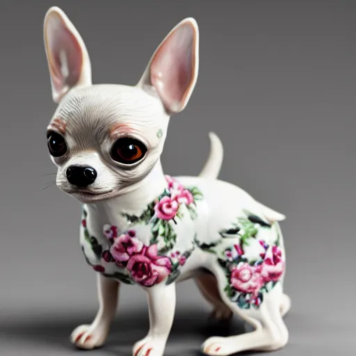 Image similar to A porcelain model of a chihuahua painted in an Emma Bridgewater pattern, style of Emma Bridgewater, sculpture, photograph, studio lighting, product photography, advertising photography, pottery, figurine, octane render –H 768