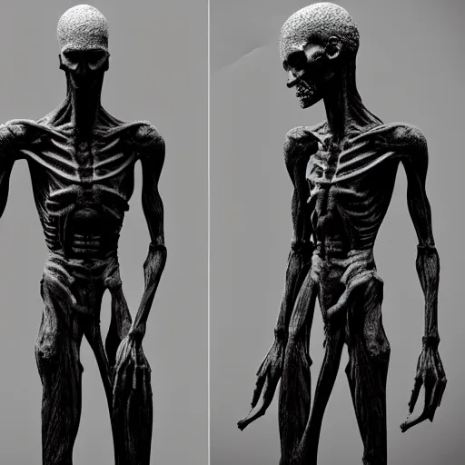 Image similar to standing photorealistic detailed tall skinny humanoid creature, extremly detailed, black and white, 8 k, realistic, sharp focus, cosmic horror creature, cosmic horror