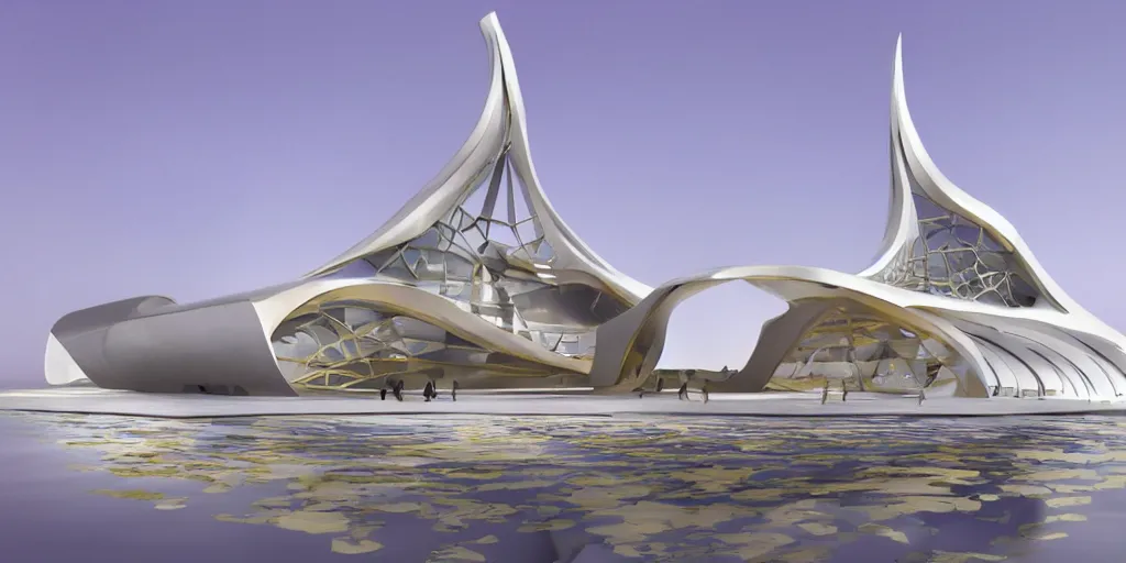 Image similar to mosque floating spaceship by zaha hadid, golds fantasy world