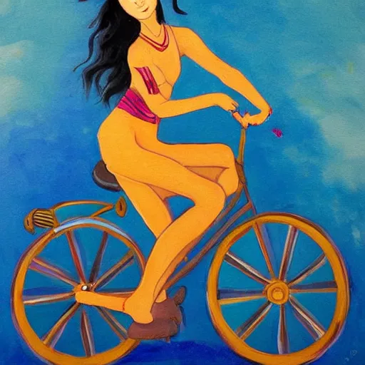 Image similar to a beautiful painting of a beautiful Asian girl riding a blue bycicle