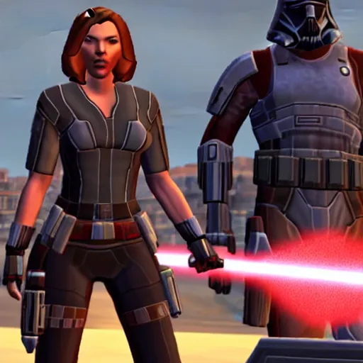 Prompt: video game screenshot of Scarlett Johansson in Star Wars the Old Republic