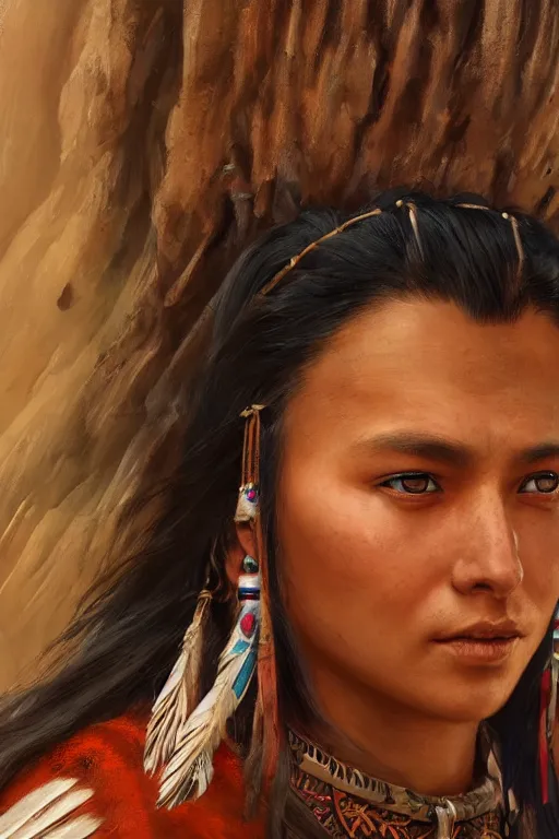 Prompt: beautiful young Cherokee woman in a native american outfit, close-up portrait, intricate, high resolution, cinematic lighting, scenery, digital painting, highly detailed, artstation, sharp focus, illustration, concept art, ruan jia, steve mccurry and Irakli Nadar