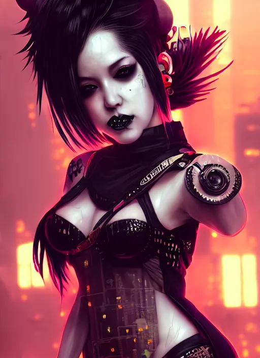 Image similar to soft seductive ebony geisha raver gutter punk gothic cyborg, golden ratio, details, scifi, fantasy, cyberpunk city, intricate, decadent, highly detailed, octane render, digital painting, artstation, concept art, sharp focus, illustration, art by artgerm, loish, wlop