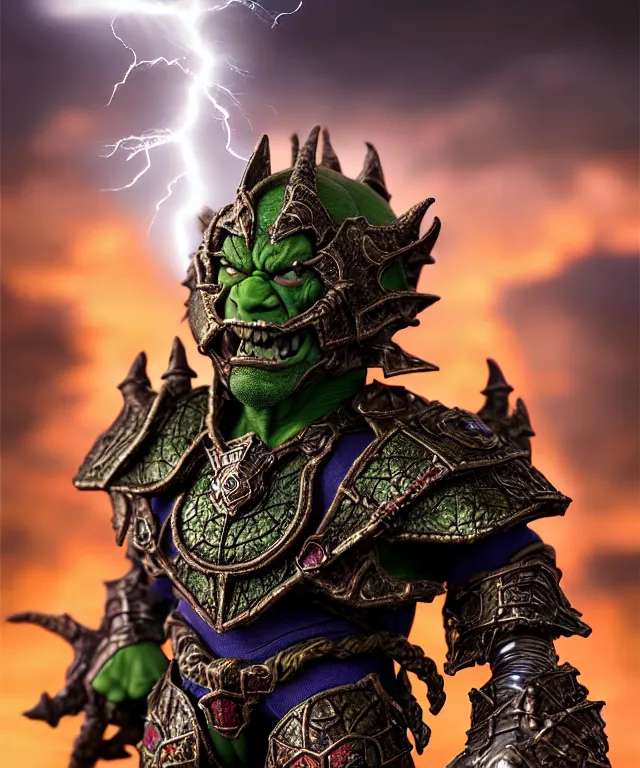 Image similar to hyperrealistic rendering, epic boss battle, ornate supreme orc goblin overlord, jewel crown, war armor battle, by art of skinner and richard corben, product photography, collectible action figure, sofubi, hottoys, storm clouds, outside, lightning