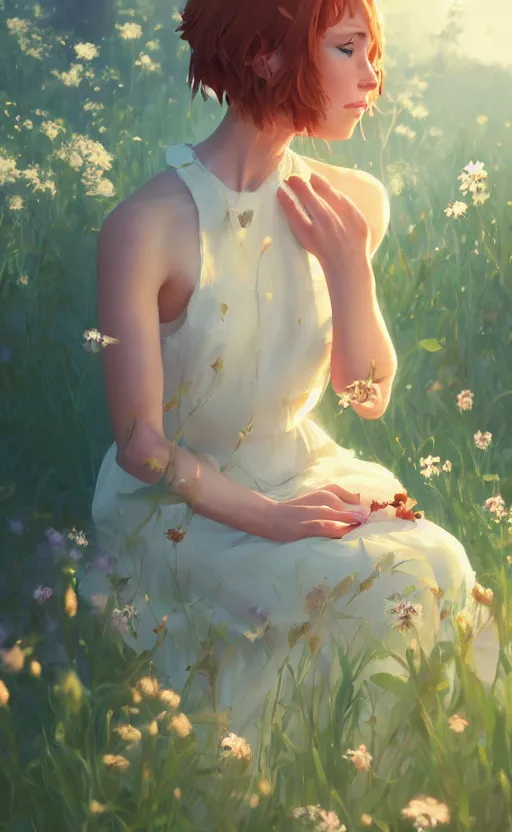 Image similar to southern ginger woman in a cream dress, freckled, sitting among flowers, airbrushed, hazy, gentle, soft lighting, wojtek fus, by makoto shinkai and ilya kuvshinov,