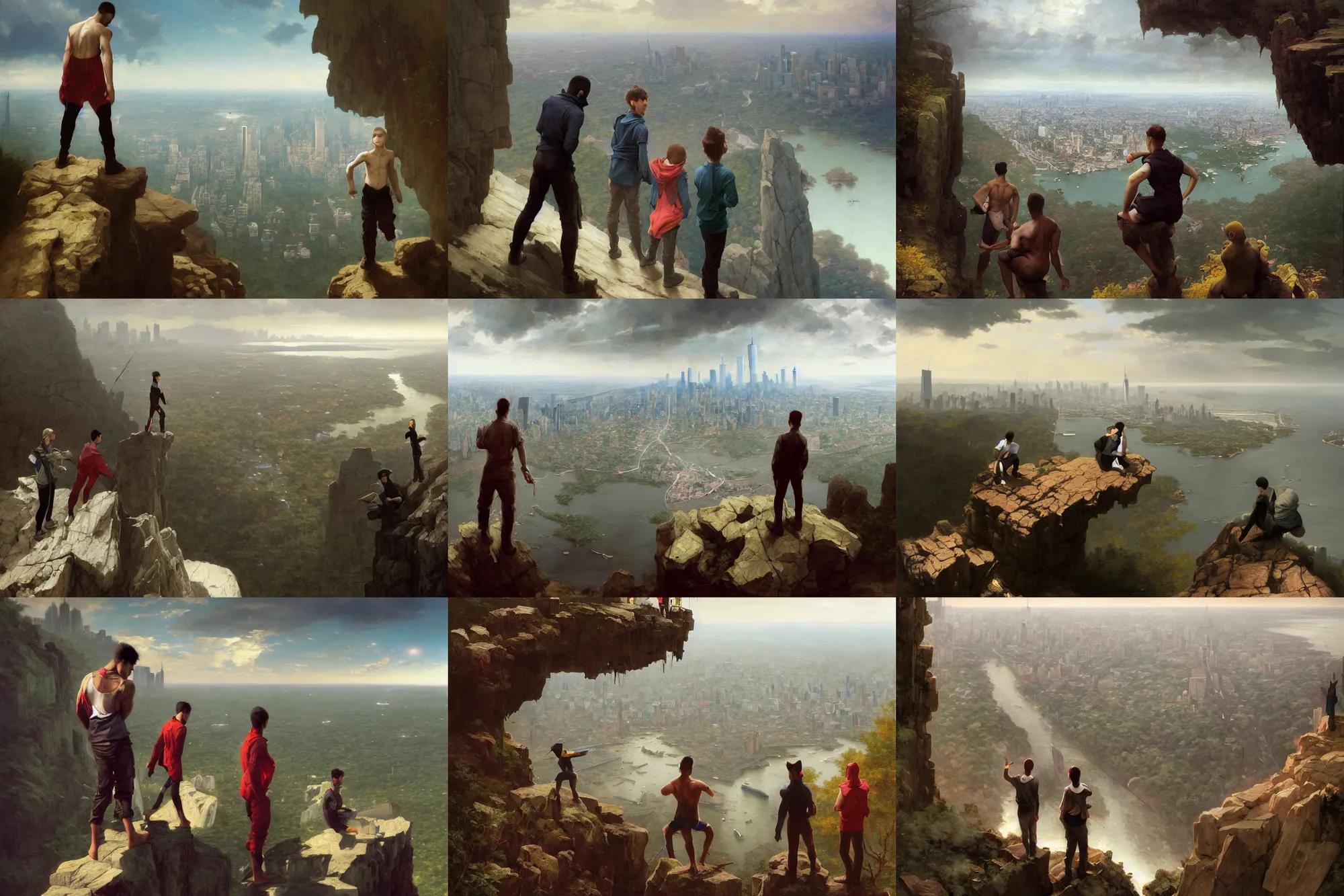 Prompt: depiction Three inner city boys on the precipice Of a cliff overlooking New York City in the middle of a vast Forest with New York City on the horizon illustration by Ruan Jia and Mandy Jurgens and William-Adolphe Bouguereau, Artgerm, 4k, digital art, surreal, space dandy style, highly detailed, godsend, artstation, digital painting, concept art, smooth, sharp focus, illustration by Ruan Jia and Mandy Jurgens and William-Adolphe Bouguereau