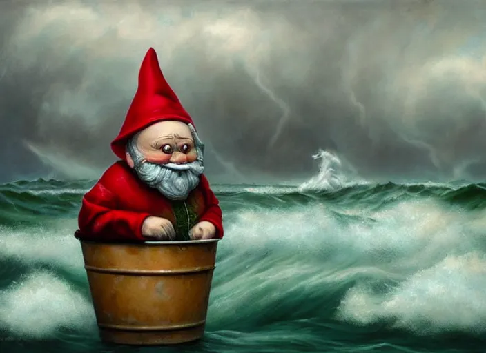 Image similar to a terrified garden gnome sailing in a bucket, background of raging ocean on a stormy with dramatic clouds, an ultrafine detailed painting by mark ryden, trending on deviantart, pop surrealism, whimsical, lowbrow, danger, perfect symmetrical face