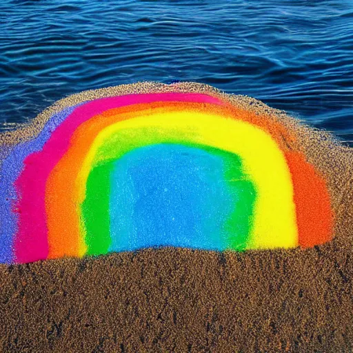 Prompt: rainbow made of sand on the sea