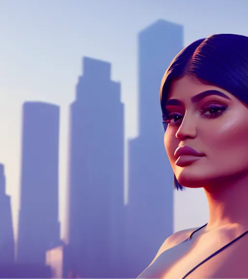 Prompt: photography of kylie Jenner, pleading eyes, cute pout, bright sunny time, serene city setting, medium shot, mid-shot, highly detailed, trending on Artstation, Unreal Engine 4k