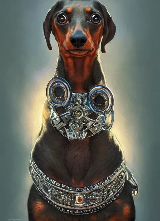 Image similar to dachshund with a monocle and a raised highbrow | sophisticated clothing | highly detailed | very intricate | elaborate outfit | symmetrical | cinematic lighting | award - winning | closeup portrait | painted by donato giancola and mandy jurgens and charlie bowater | featured on artstation