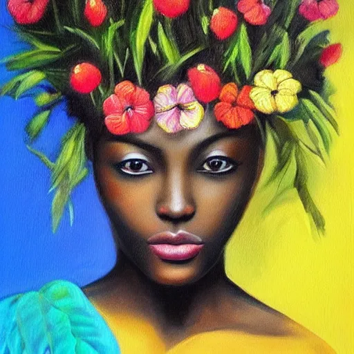 Prompt: realistic oil on canvas portrait painting of a dark skinned woman with flowers in her hair transforming into mushrooms, ultra realistic, vivid colours, oil painting