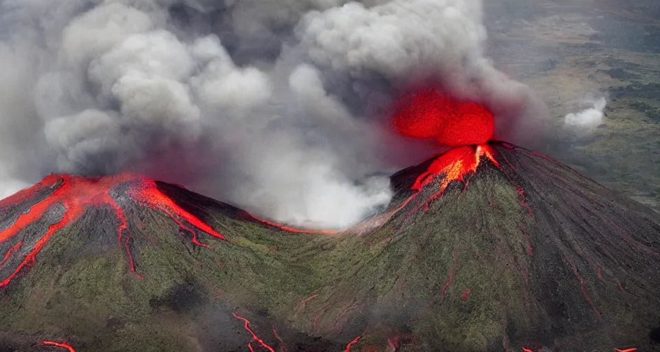 Prompt: a volcano made of ivory vines and crimson rocks enters in eruption, it spits a smoke in the shape of demonic eye, from One piece